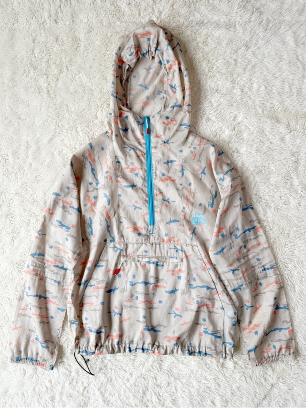 VTG 90s Y2K Chums Beige Duck Print Lightweight Anorak Windbreaker Hooded Jacket